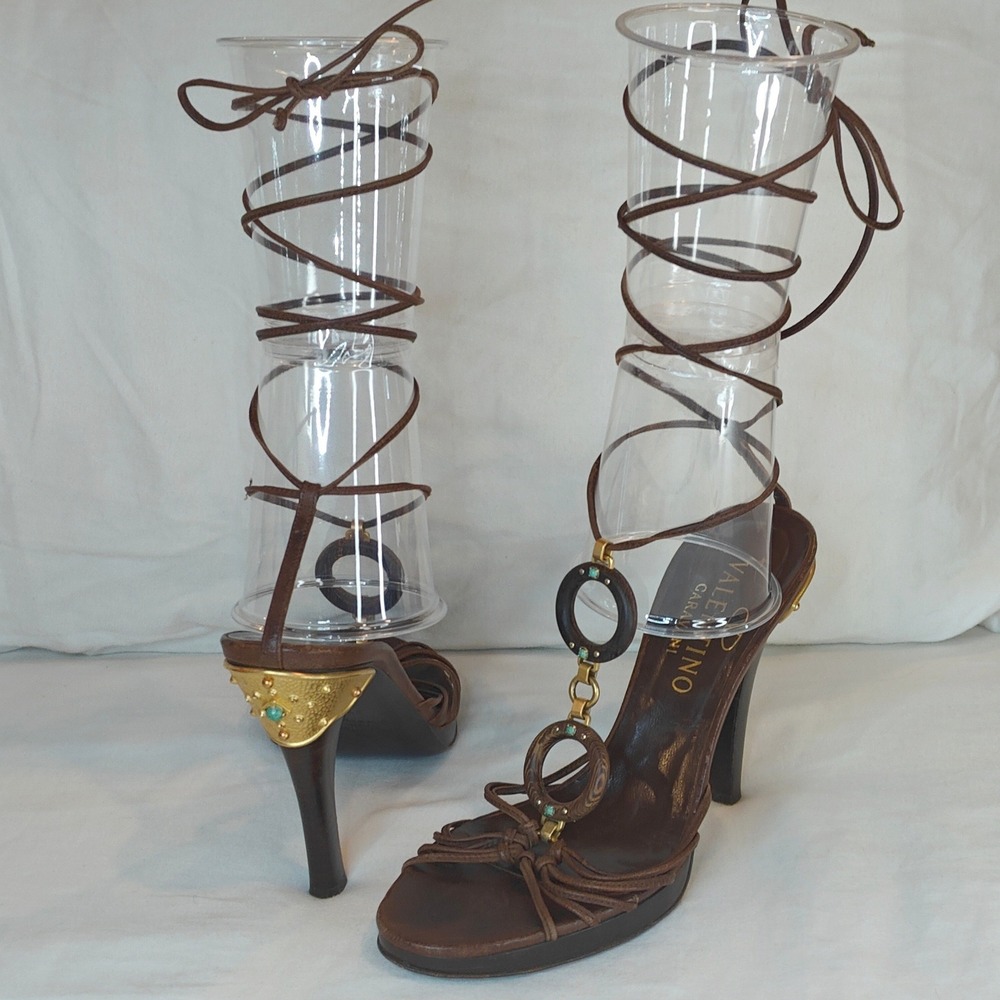 Valentino Garavani Sandals Women 37 Brown Lace Up Leather Gold Turquoise Wood